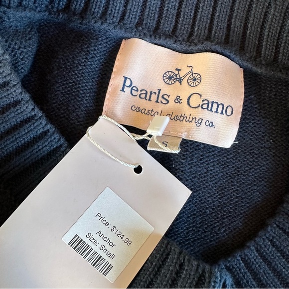 Pearls & Camo New England Anchor Sweater Nautical Crewneck Classic Cotton S Blue - Picture 3 of 7